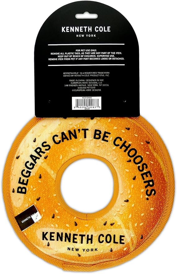 Kenneth Cole Stuffing-Free Durable New York Bagel Dog Toy – Chew-Resistant Nylon, Squeaker, Crinkle, and All-Day Play