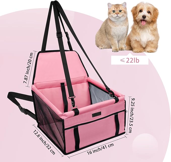 PetsHome Dog Car Seat Foldable Dog Car Booster Seat Waterproof Breathable Oxford Travel Bag for Small to Medium Dogs, Puppies, and Pets-Pure Pink