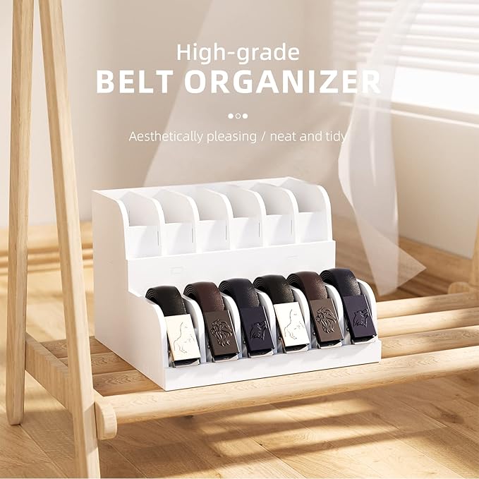 QI XING Belt Organizer - 12 Grid Belt Rack, Tie Organizer for Closet Drawer, Storage Holder Displayer for Men & Women (White)