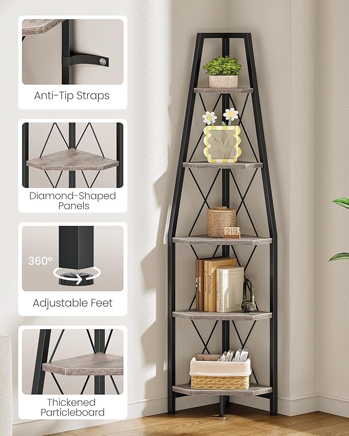 5-Tier Corner Shelf, Corner Bookshelf, Ladder Shelf, Floor Standing Storage Rack, Open Display Stand, Plant Stand, for Living Room, Bedroom, Study, Bathroom, Greige and Black TCJ22BG