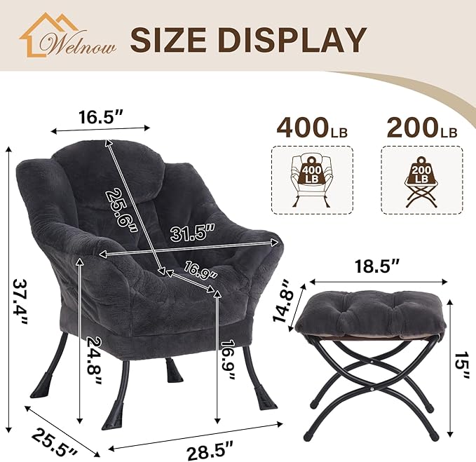 Welnow Lazy Chair with Ottoman, Modern Lounge Accent Chair with Armrests and a Side Pocket, Leisure Sofa Armchair, Reading Armchair with Footrest for Small Space, Plush Navy