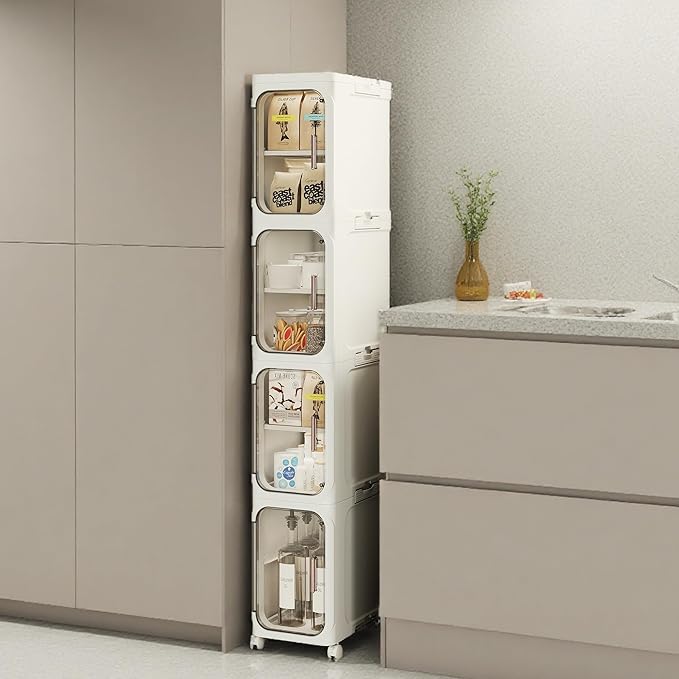 Narrow Bathroom Storage Cabinet with Wheels, 4-Tier Plastic Slim Organizer with Adjustable Shelves for Small Spaces,Bathroom, Kitchen, Milky White