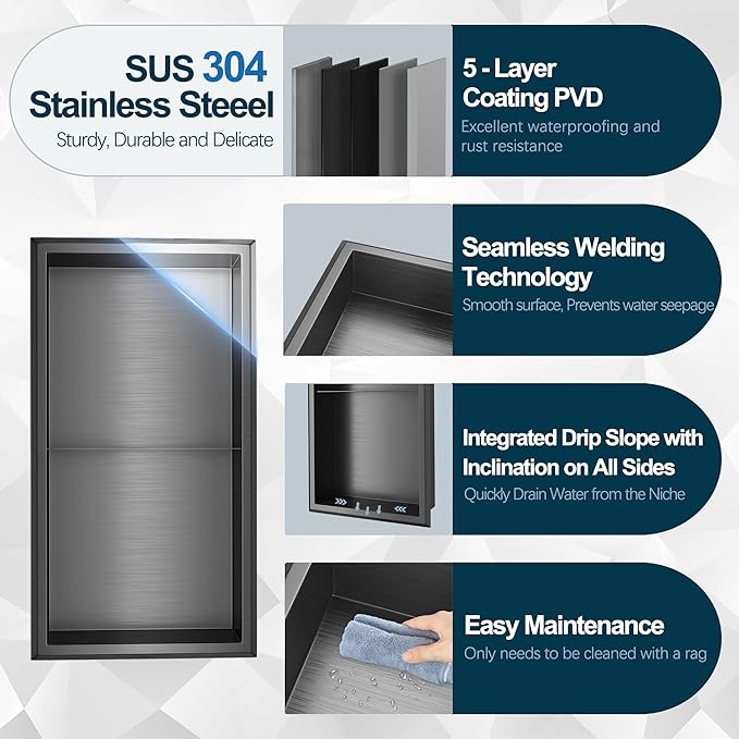 Shower Niche, 12" x 24" Black Stainless Steel Niches No Tile Needed, Two-Tier Wall Niches, Recessed Shower Shelf, Bathroom Niche for Storage