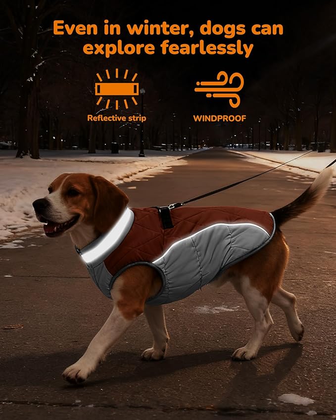 Dog Coat for Small Dogs, Adjustable Dog Jackets for Cold Weather, Reflective Winter Coat with Built-in Harness, Snowsuit Fits Dogs 7-14 lbs and Up, Size S Brown