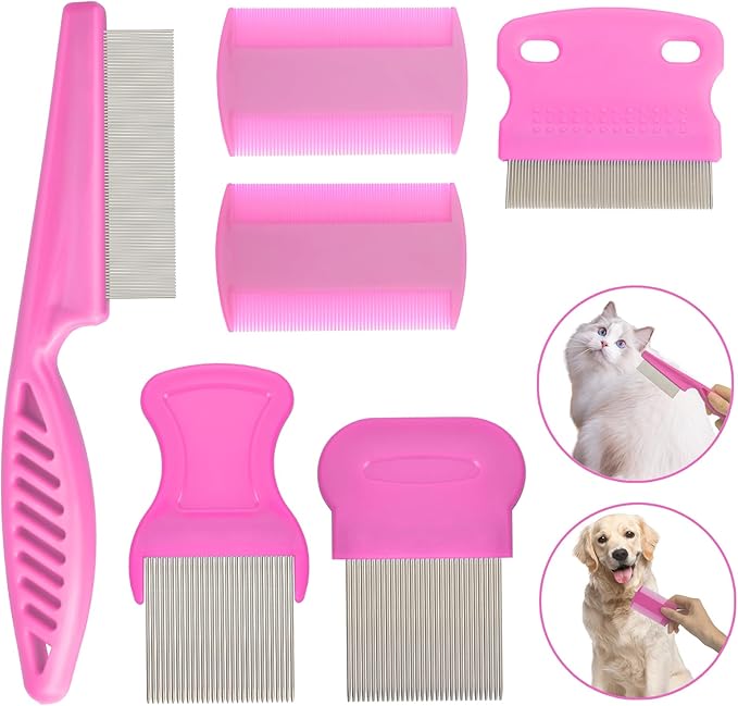 Flea Comb for Cats Dogs, 6 Pack Pet Lice Comb Set Pet Grooming Pets for Small, Medium & Large Pets（Pink）