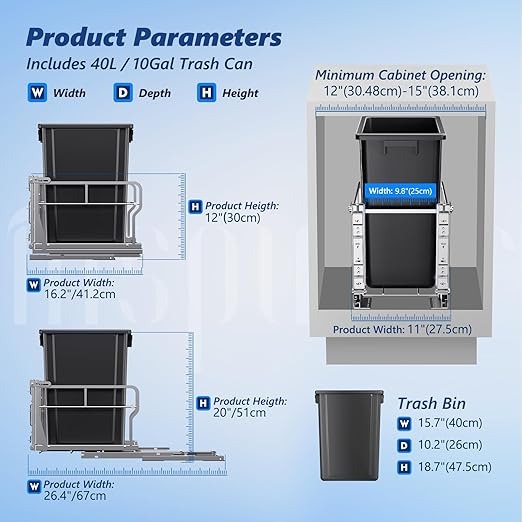 Insputer Pull Out Trash Can Under Cabinet with Tiltable 10° & 10 Gal Garbage bin, Under Sink Trash Can Kit for Kitchen, Easy to Take Out Bin, Requires Minimum Cabinets Opening 12" W X 18" D