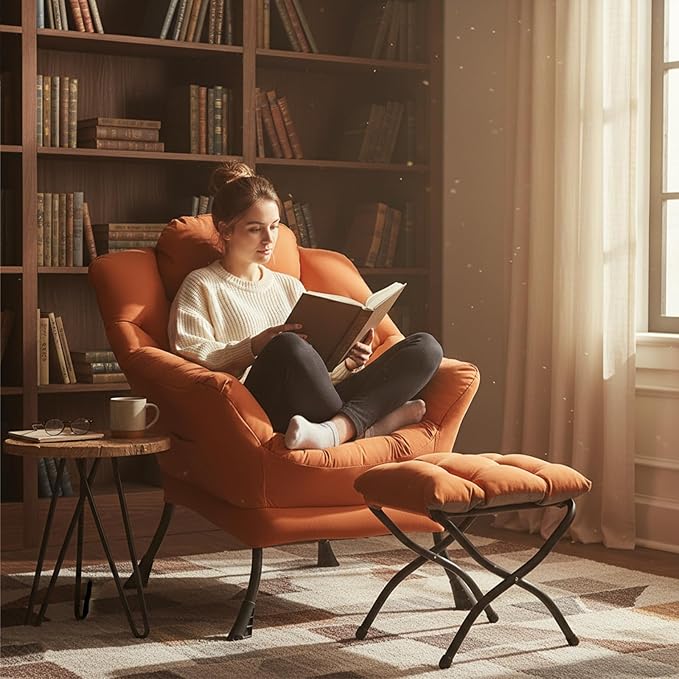 Welnow Lazy Chair with Ottoman for Living Room, Modern Reading Lounge Accent Chair with Armrests and a Side Pocket, Leisure Upholstered Lazy Sofa for Small Space, Bedroom, Dorm, Orange