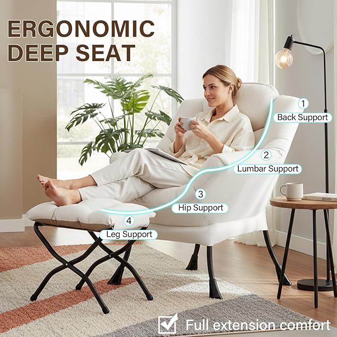 Welnow Lazy Chair with Ottoman, Modern Reading Lounge Accent Chair with Armrests and a Side Pocket, Leisure Upholstered Lazy Sofa Set with Footrest for Small Space, Beige
