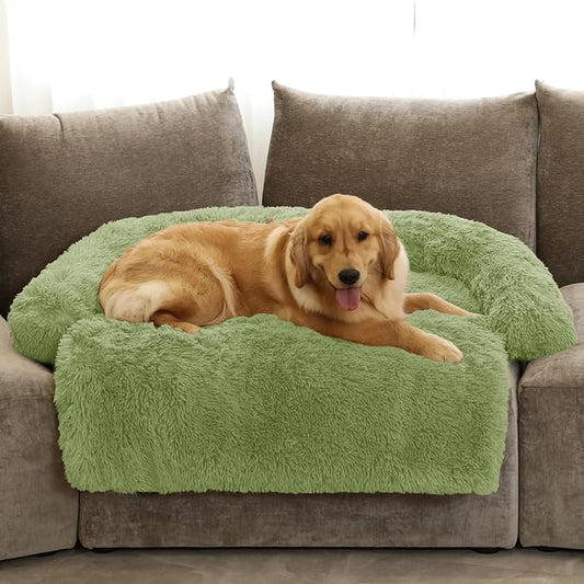 GGIB Calming Dog Bed Fluffy Plush Dog Mat for Furniture Protector with Removable Washable Cover for Large Medium Small Dogs and Cats (Extra Large (53x39.3x6), Grass Green)