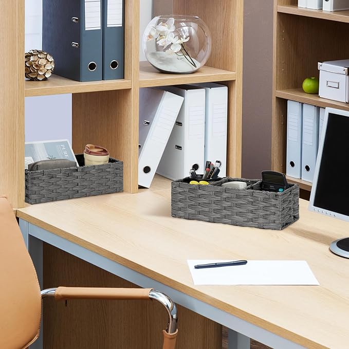 Bidtakay Narrow Wicker Bins for Organizing 2-Pack Dark Grey Decorative Baskets for Washroom Organizer Waterproof Imitation Small Wicker Storage Baskets for Shlef Closet Bedroom Entryway Office Desk