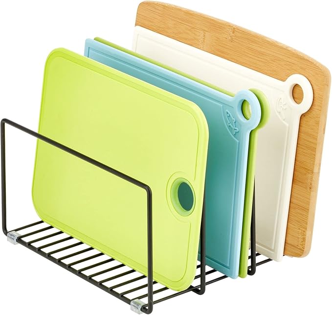 mDesign Metal Pan Organizer for Kitchen Cabinet, Counter, Pantry Shelf - 3 Slots for Baking Sheets, Muffin Pans, Cutting Boards, Frying Pans - Pan Organizer and Storage - Concerto Collection - Black