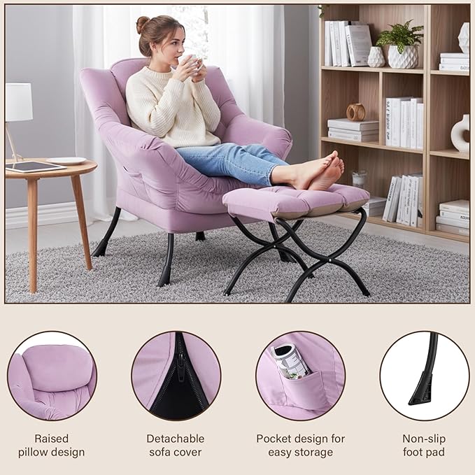 Welnow Lazy Chair with Ottoman, Modern Lounge Accent Chair with Armrests and a Side Pocket, Leisure Upholstered Sofa Armchair Set, Reading Armchair with Footrest for Small Space, Light Purple