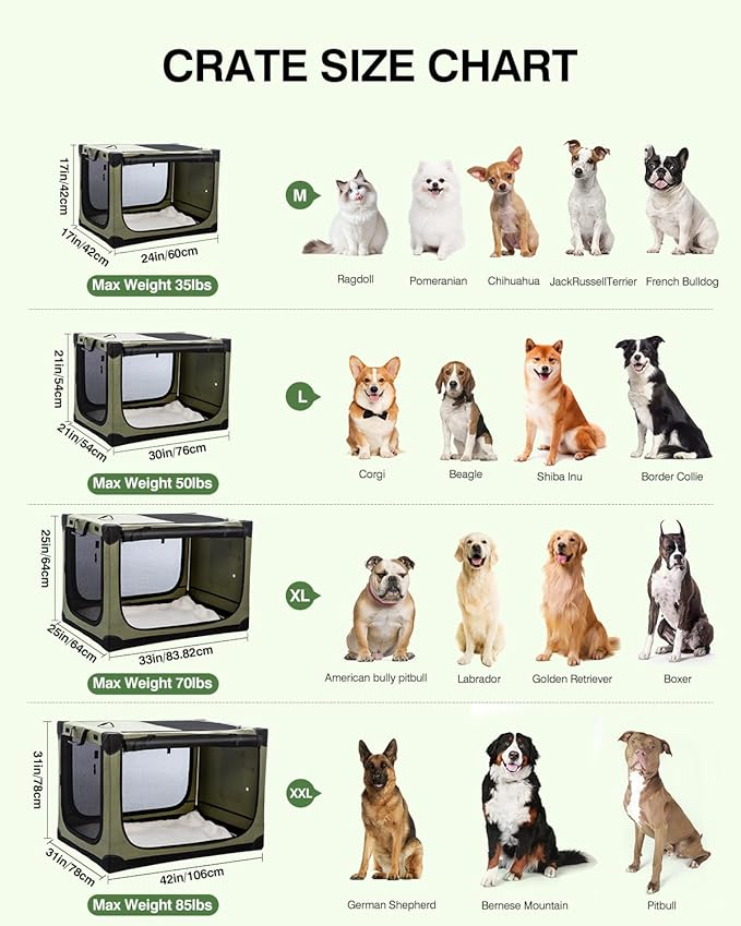 42-Inch Collapsible Travel Dog Crate, Portable 4-Door Soft Kennel for Medium to Large Dogs, Chew-Proof Mesh Windows, Indoor/Outdoor Use, Foldable, with Storage Bag (Green)