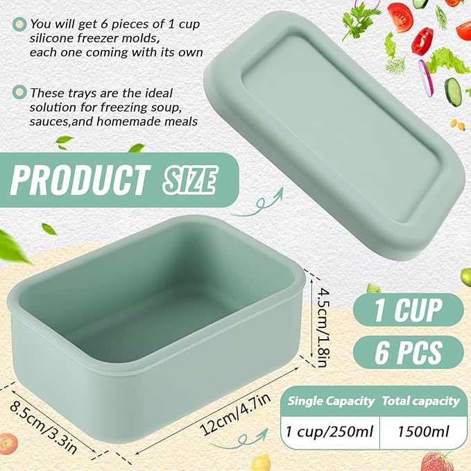 6 Packs 1 Cup Silicone Soup Freezer Molds with Lid Silicone Soup Freezer Trays Rectangle Reusable Food Preserving Tray Freezing Sauces Stews(Sage Green, Beige)