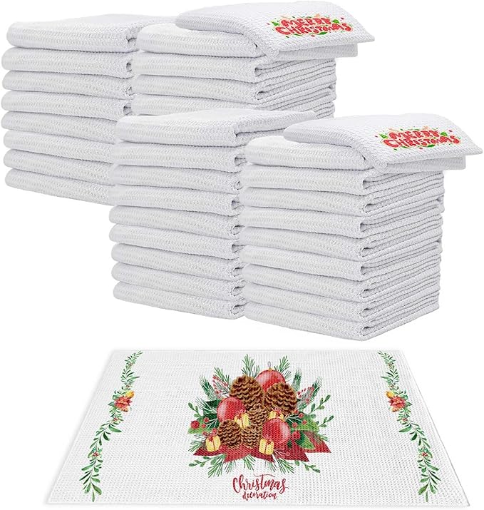 YOUKE OLA 40 Pack Sublimation White Towels Waffle Weave Kitchen Towels Blanks Microfiber Dish Drying Towel for Heat Transfer 16x28 Inch
