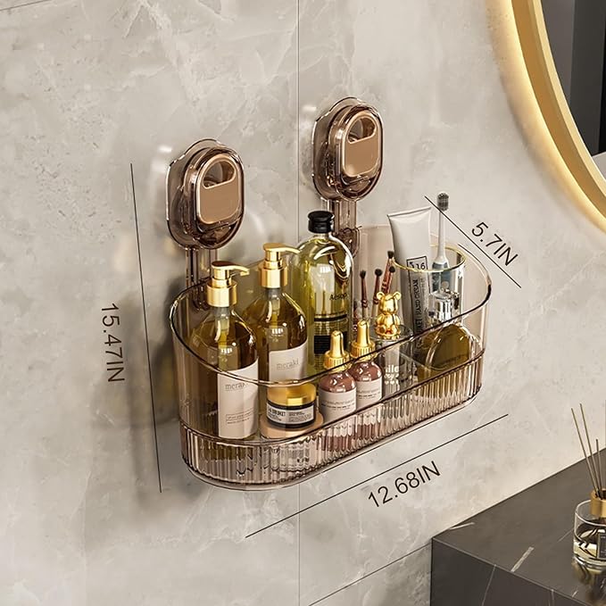 No Drill Bathroom Organizer with Strong Suction Cups, Heavy Duty Shower Organizer Holds 10lbs, Bathroom Shelf for Shampoo, Soap, Razor, Toothbrush (transparent gray)