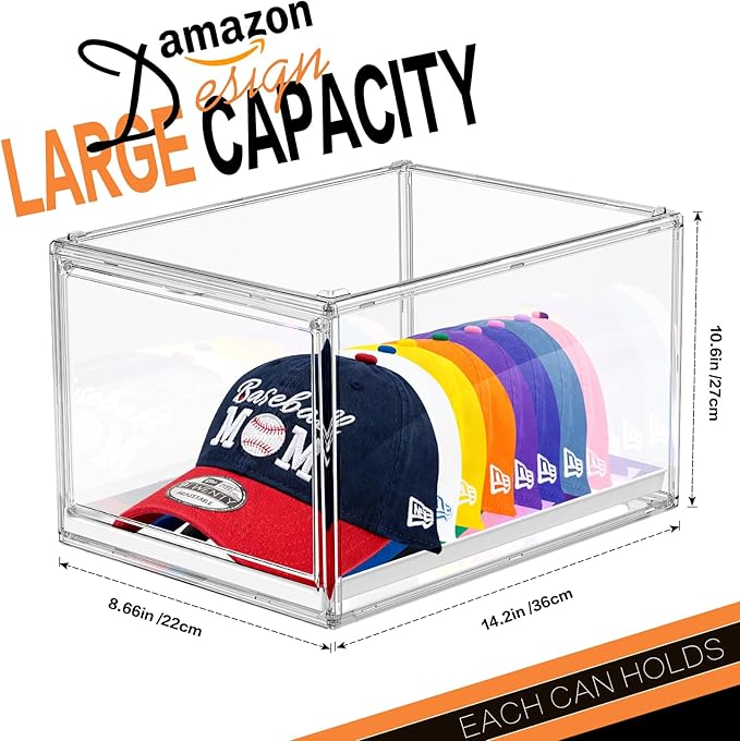 Hat Storage Box for Baseball Cap, Large Clear Hats Organizer Container with Sliding Tray Drawer, Stackable Caps Display Case with Magnetic Door for Closet Holds 8-10 Hats 1Pack