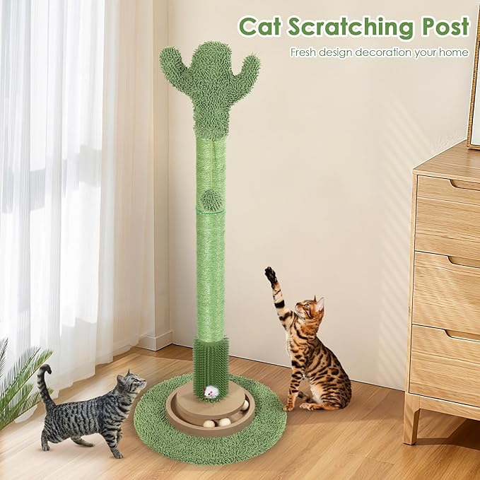 Heavy Duty Cactus Cat Scratching Post 41.5 Inch Tall for Indoor Cats, Natural Sisal Scratcher with Interactive Ball Toy & Cat Grooming Brush, Protector for Kittens & Large Cats