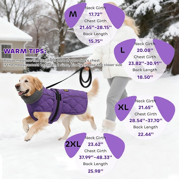 Dog Winter Jacket, Adjustable Water-Resistant Dog Warm Coat with Fleece Lining, Windproof Cold Weather Coats for Winter, Reflective Snow Jacket for Labrador Golden Retriever, NewPurple XL