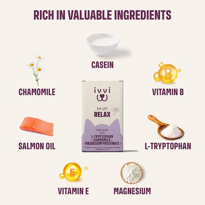 Relax for Cats – Calming Cream with Tryptophan, Casein, Magnesium & B Vitamins – Natural Stress Support – 30 x 0.53 oz Sachets – with Real Tuna