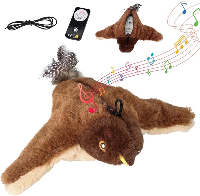Flappy Chase Cat Toy, 2026 New Interactive Chirping Flying Bird Cat Toy with Remote Control, Chirping Bird Cat Toy Flapping Wings, Flying Interactive Simulation Electric Cat Toy (Brown) (A)