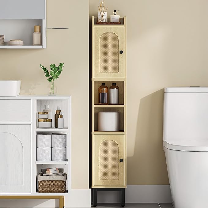 Slim Bathroom Storage Cabinet, Narrow Bathroom Organizers and Storage with 4 Adjustable Feet, Laundry Room Organization for Small Space, Kitchen, Living Room, 2 Doors Rattan Yellow BC22402Y