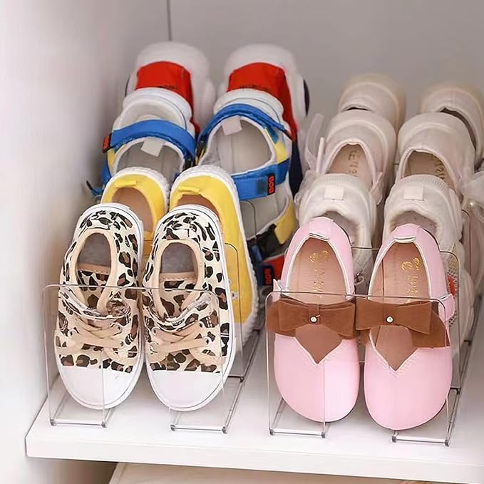 Clear Acrylic Kids Shoe Rack for Closet Organizers and Storage | 4 Pack Small Shoe Rack 4 Sections Toddler Baby Shoe Storage Organizer Stackable Shoe Shelf, Desk File Sorter Book Purse Organizer
