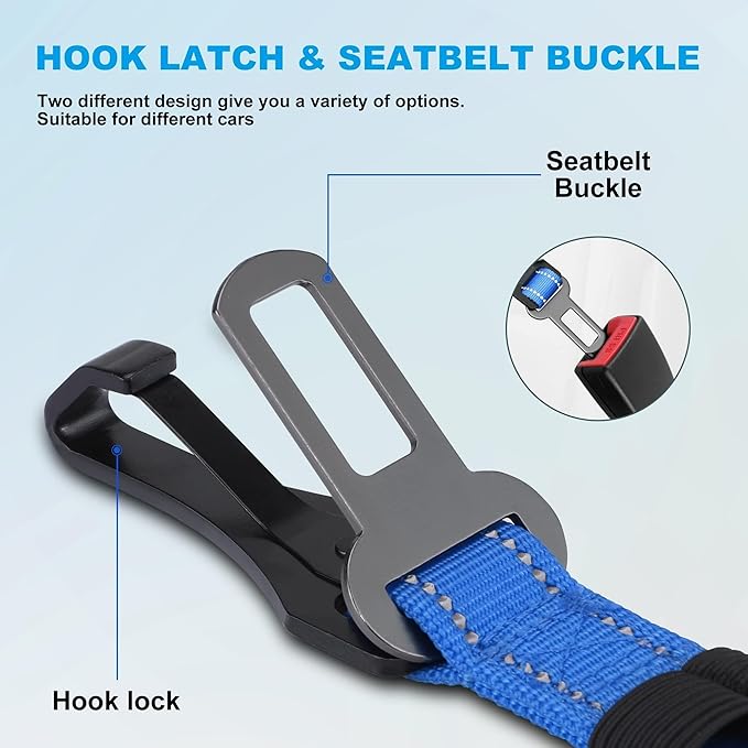 IOKHEIRA Dog Seat Belt 3-in-1 Car Harness for Pets Adjustable Safety Seatbelt Nylon Reflective Bungee Fabric Dog Car Harness with Clip Hook Latch & Buckle, Swivel Zinc Alloy Carabiner (Bule)