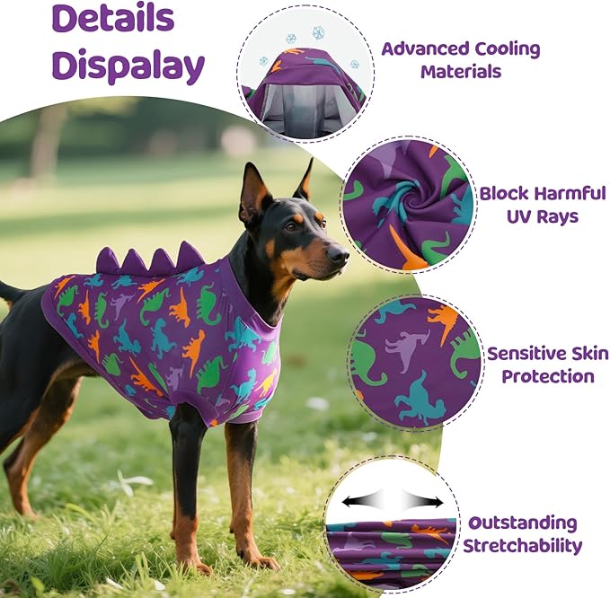 UPF 50+ Sun Protection Dog Shirt - Sleeveless Cooling Vest for Medium Dogs Boy, Quick-Dry Pet T-Shirt with Funny Dinosaur Horns, UV Protective Breathable Dog Clothes U-COSBX01M