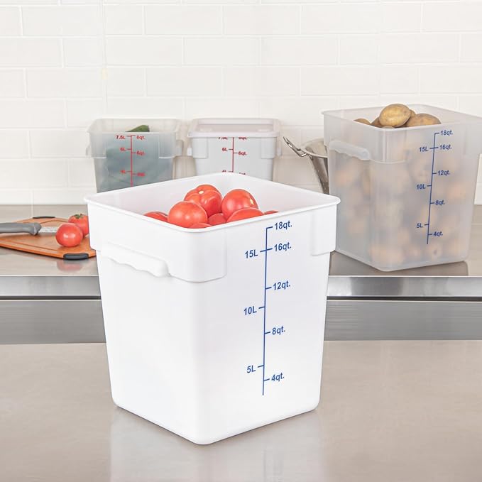 Restaurantware Food Storage Container 10 Pack of 18 qt Plastic Kitchen Storage Bin with Volume Markers Space-Efficient Design Dishwasher-Safe Polypropylene White