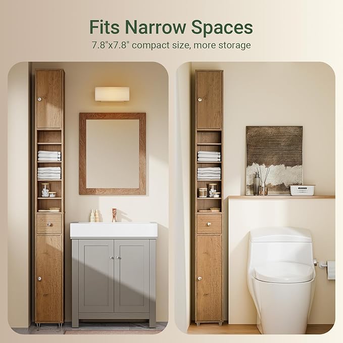 SoBuy Bathroom Narrow Storage Cabinet Skinny Tall Unit with Adjustable Shelves Slender Anti-Tipping Floor Standing Cupboard, Natural BZR34-PF