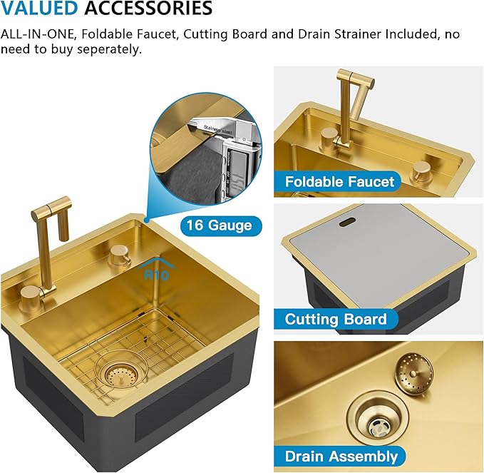 18"x18" Undermount RV Kitchen Sink – 16 Gauge 304 Stainless Steel Brushed Gold NANO-PVD Single Bowl Sink with Foldable Faucet, for RV, Camper, Mobile Home, Wet Bar