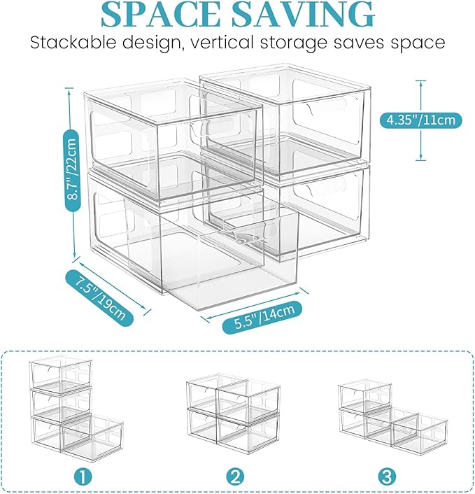 2 Pack Stackable Plastic Makeup Organizer Drawers, Acrylic Organizers, Clear Storage Bins with Pull-Out Handles for Vanity, Kitchen Cabinets, Pantry