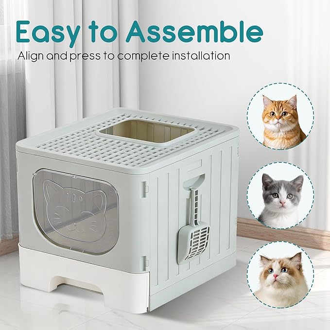 Cat Litter Box with Scoop, Large Foldable Litter Box with Lid & Drawer Tray, Front Visible Entry Top Exit Kitty Box, Odor Control, Easy to Clean