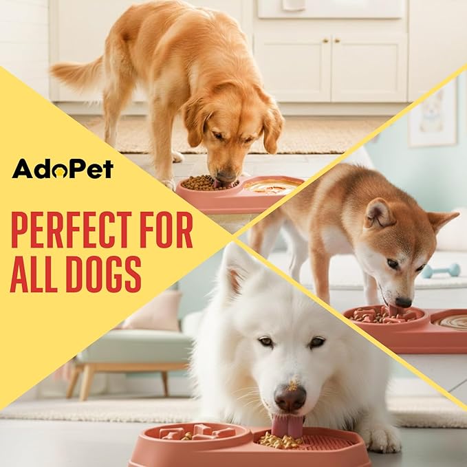 Slow Feeder Dog Bowl with Silicone Lick Mat, Non-Slip Dual Feeding Station for Medium & Large Dogs, Slow Eating Bowl to Help Reduce Fast Eating, Removable Lick Pad (Red)