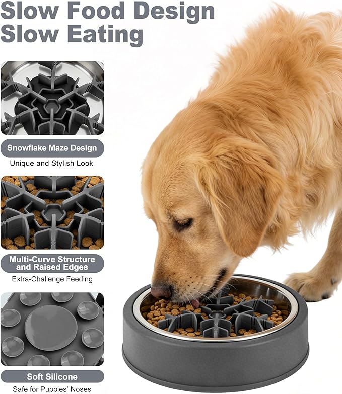 Slow Feeder Insert for Dog Bowl, Mabnuby 100% Food-Grade Silicone Slow Feeder Insert Fits Large Medium Small Size Dogs, Compatible with Regular & Elevated Bowls, Helps Prevent Digestive Issues, Gray