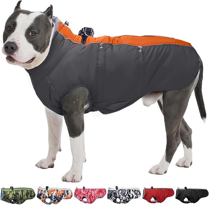 Medium Dog Winter Jacket, Warm Zip Up Snowsuit Dog Harness Vest, Reflective Water-Resistant Coat for Snow, Orange-Gray