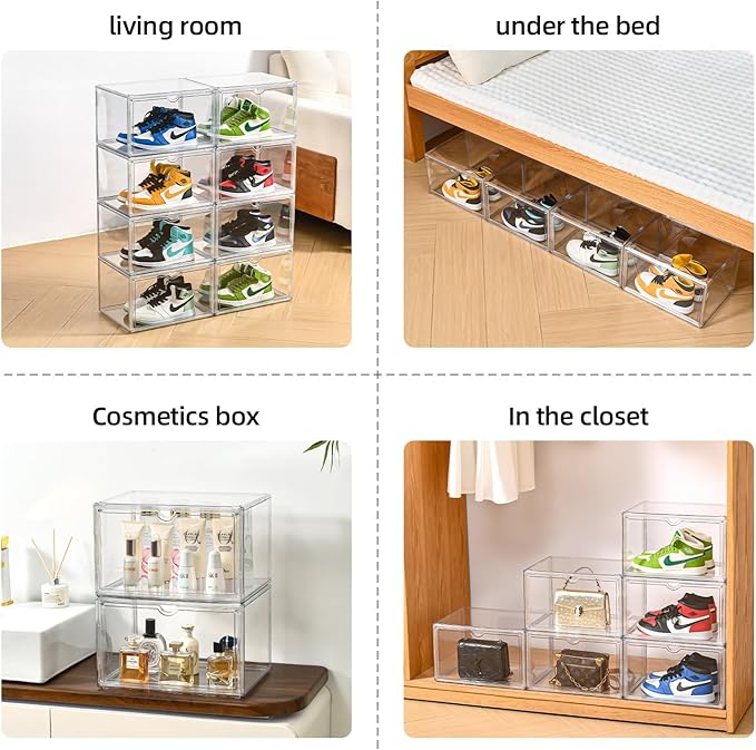 Clear Shoe Organizer,Stackable Shoe Display Case,Shoe Box Storage Bins with Magnetic Door,Fit Shoe Size Up to US 14 (X-Large-2Pack)