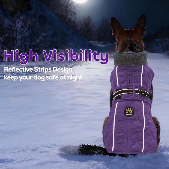Dog Winter Coat, Adjustable Quilted Dog Snow Jacket with Fleece Lining, Water Resistant Pet Apparel for Cold Weather, Warm Large Doggie Coat with Leash Hole and Reflective Strip, NewPurple L
