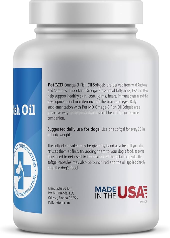 Pet MD – Omega 3 Fish Oil Supplement for Dogs – Skin and Coat Support for Dogs – 180 Softgels