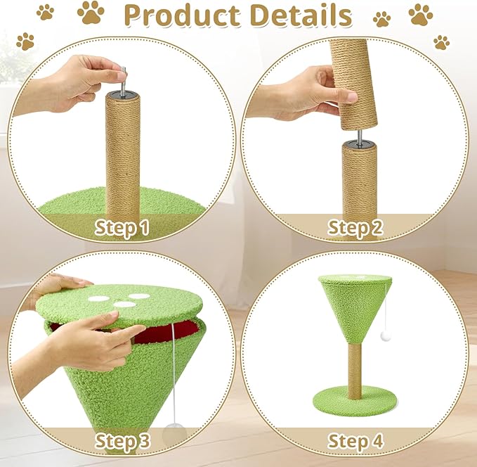 Green Martini Cat Scratcher 19.7" Tall Scratching Post with Interactive Ball and Perch Natural Sisal Rope Decorative Martini Glass Tree Tower for Indoor Kittens Small, Medium, and Large Cat