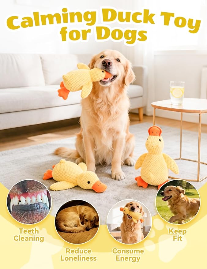 Calming Duck Toy for Dogs, Yellow Duck Dog Toy, Durable Interactive Dog Toy with Quack Sound for Puppy Keep Busy, Indestructible Dogs Emotional Support Duck for Small Large Dogs (2PC(9.84 * 8.66 in))