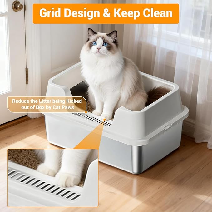 Enclosed Stainless Steel Cat Litter Box with Lid, XL Extra Large Litter Box for Big Cats, Metal Litter Pan High Sided, Never Absorbs Odors, Anti-Urine Leakage, Easy Cleaning, Include Scoop