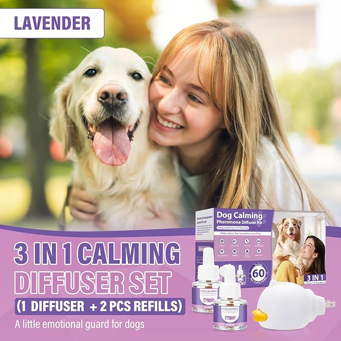 Dog Pheromones Calming Diffuser 3 in 1 Advanced Kit Appeasing Pheromone Diffuser to Calm Pet (1 Plug in+2x48ml Refill) for Anxiety Relieve Relief Reduce Aggression Fighting Stress (Lavender)