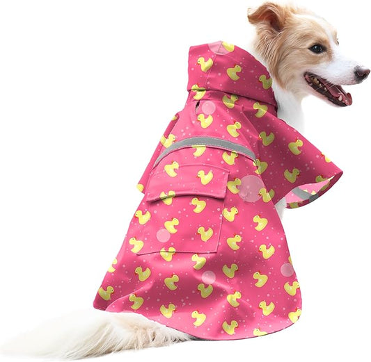 NACOCO Large Dog Raincoat Adjustable - Pet Rubber Ducks Yellow Water Proof Clothes Lightweight Rain Jacket Poncho Hoodies with Strip Reflective Pink (Pink XXL, Yellow Duck)