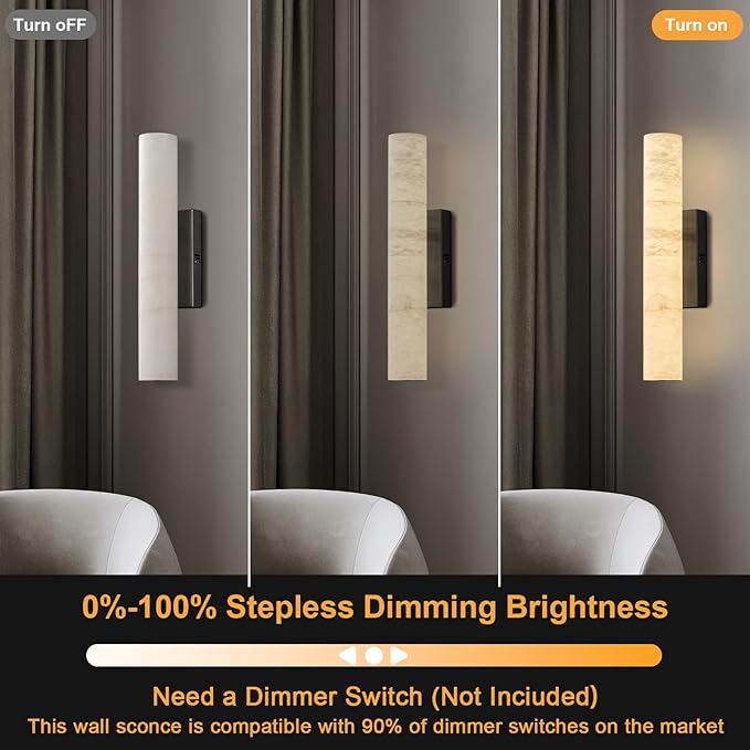 Alabaster Wall Sconces, 20" Black Wall Sconce, Modern Bathroom Sconces Wall Lighting, Cylinder Spanish Marble Wall Sconce Perfect for Living Room, Bedroom, Hallway, Stairs