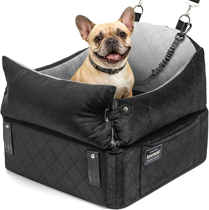 EASTBLUE Dog Car Seat for Small Medium Dogs Up to 35 lbs, 2 Memory Foam Pads Dog Booster Car Seat with Seat Belt, Washable Pet Carseat for Puppy & Cat, Dogs Travel Bed for Cars (Black/Grey-Velvet)