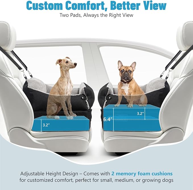 EASTBLUE Dog Car Seat for Small Medium Dogs Up to 35 lbs, 2 Memory Foam Pads Dog Booster Car Seat with Seat Belt, Washable Pet Carseat for Puppy & Cat, Dogs Travel Bed for Cars (Black/Grey-Fleece)