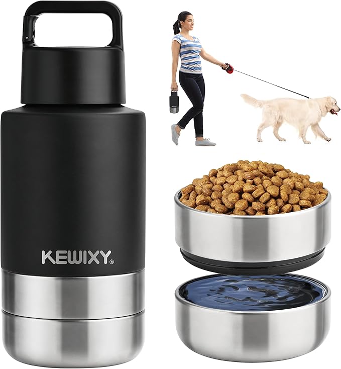 Insulated Dog Travel Water Bottle with Detachable Bowls, 3 in 1 Portable Dog Water Bottle Dispenser, Dog Accessories for Walking, Hiking, Camping, Outdoor (Black, 32 Oz)
