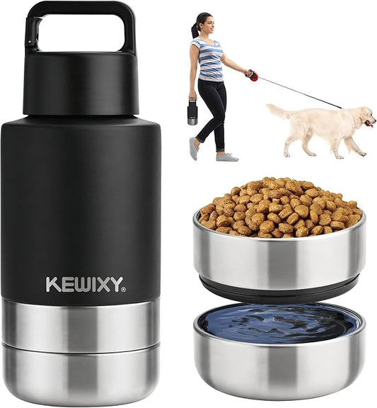 Insulated Dog Travel Water Bottle with Detachable Bowls, 3 in 1 Portable Dog Water Bottle Dispenser, Dog Accessories for Walking, Hiking, Camping, Outdoor (Black, 32 Oz)